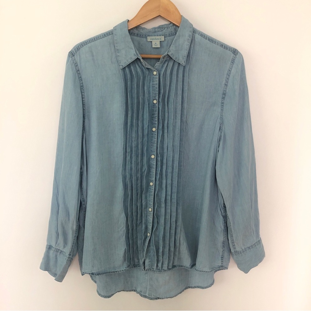 Sundance Tessa Chambray Shirt Top XL Pintuck Pearl Snaps Long Sleeve Pleated